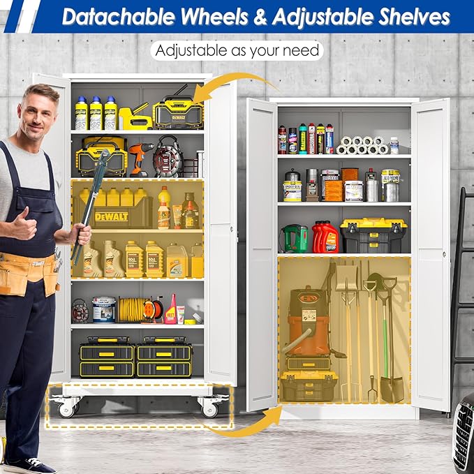 Metal Garage Storage Cabinet with Lock, Steel Tool Cabinet with 2 Doors and 5 Adjustable Shelves, 75” Tall Lockable File Cabinet with Wheels, Organization for Home Office Garage Gym - White