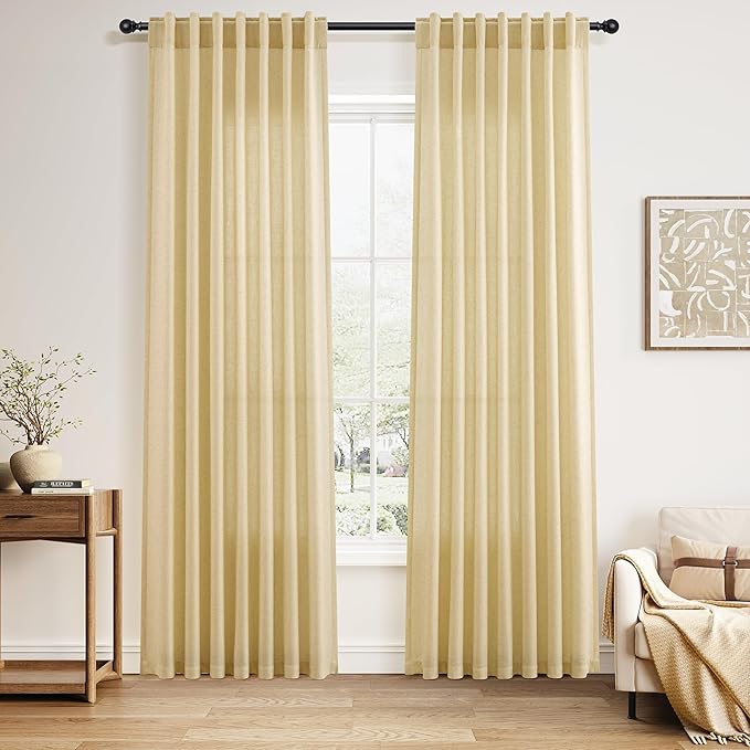 Nanspring Cream Yellow 84 Inch Curtains Linen for Living Room Modern Farmhouse Light Filtering Sheer Curtain Back Tab and Rod Pocket Privacy Drapes for Bedroom Office 52x84, 2 Panels