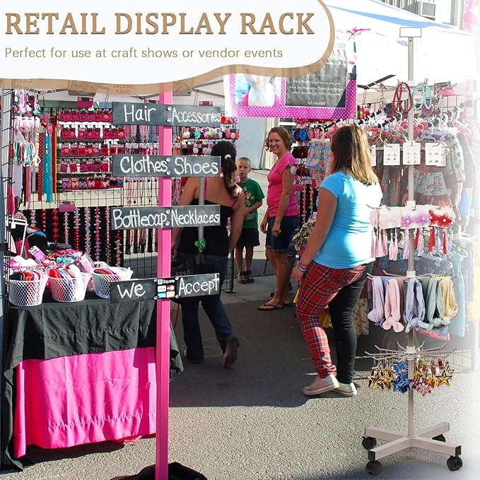 Retail Display Stand Store Display Rack 5 Tier Metal Spinning Display Stand Rack with Wheels Keychain Jewelry Stocking Hat Display Stand with Hooks for Malls, Showroom, Retail Store (Grey)