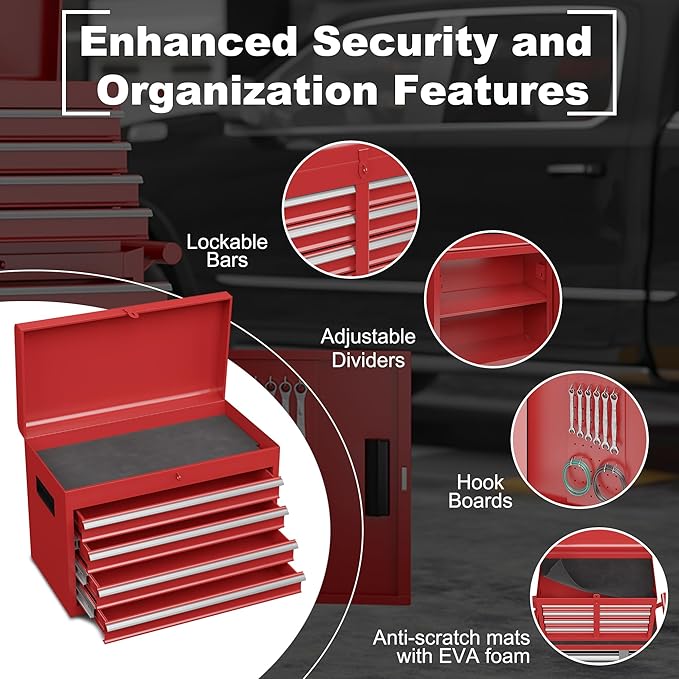 5-Drawer Tool Chest, Rolling Tool Storage Cabinet with Detachable Top Tool Box, Enhanced Packaging, Metal Tool Cart for Garage Workshop, Red
