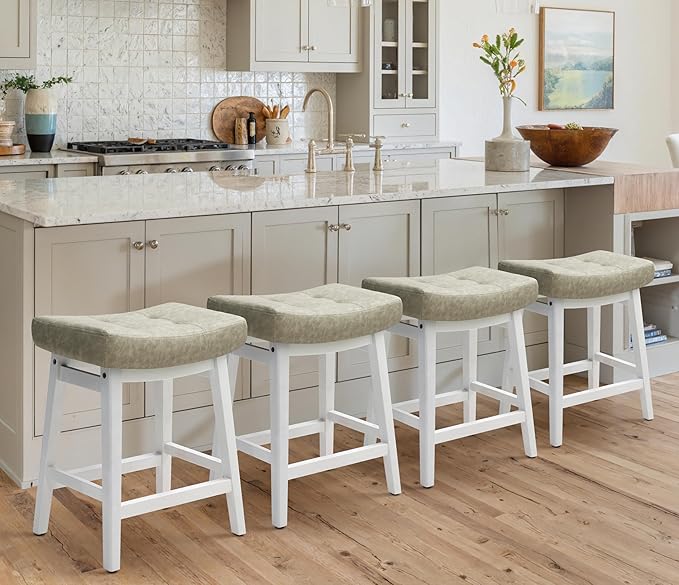 Counter Height Bar Stools Set of 4 for Kitchen Counter Farmhouse Modern Barstools with Faux Leather Upholstered Backless Seat and Solid Wood Legs 24 inch Bar Chairs, Light Grey + White