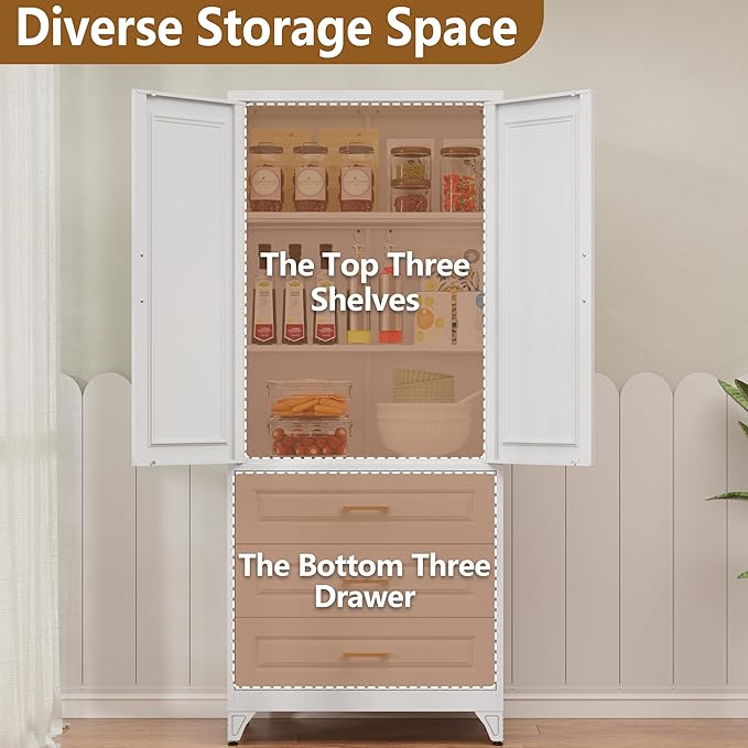 Kitchen Pantry Cabinet, 75" Tall Pantry Cabinet with Three Drawers, Metal Storage Cabinets with Doors and Shelves, Freestanding Food Cupboard for Dining, Living Room, White, Assembly Required