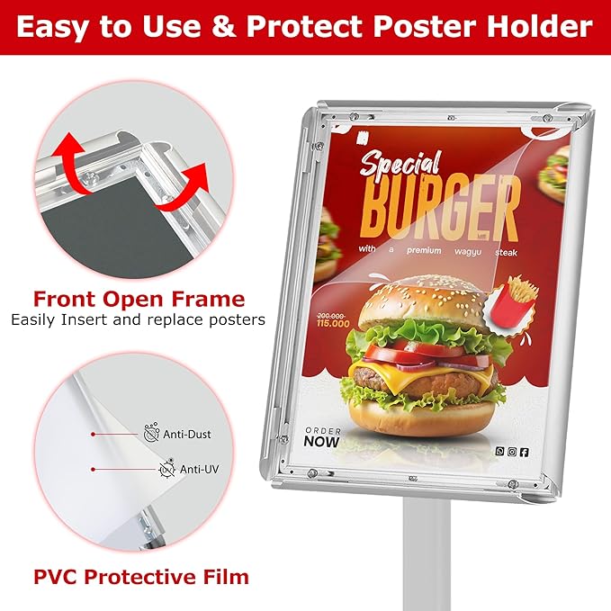 3 Pack Heavy Duty Standing Sign Holder 8.5x11 Inch - Pedestal Floor Sign Stand with Weighted Base - Vertical & Horizontal Poster/Menu Display Stands for Indoor/Outdoor Advertising, Silver