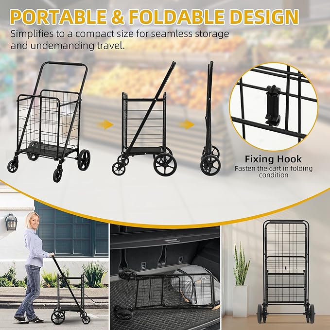 DWVO Utility Foldable Shopping Cart with Wheels, Large Portable Collapsible Rolling Grocery Cart with Reinforced Mesh Bottom for Laundry, Grocery, Luggage, Storage and Seniors, 220 lbs Capacity, Black