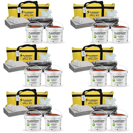 FlashDry Portable Complete Spill Kit - Yellow Duffle, Bag Tag, 15 Absorbent Pads, 2 3" x4' Sorbent Socks, Disposal Bags, Nitrile Gloves, 2 5L Buckets of 100% Organic Coir w/Dispenser Lid, Set of 6