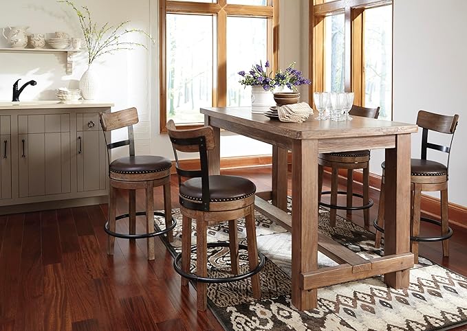 Signature Design by Ashley Pinnadel |24.25" Counter-Height Swivel Bar Stool – Modern Farmhouse, Faux Leather, 360° Swivel, Nailhead Trim, Rustic Light Brown