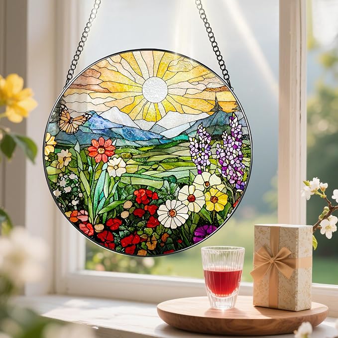 8 Inch Mountain Wildflowers Stained Glass Suncatcher, Suncatchers for Windows Hanging, Window Decor, Grandma Mom Gift for Her, Mother's Day Christmas Birthday