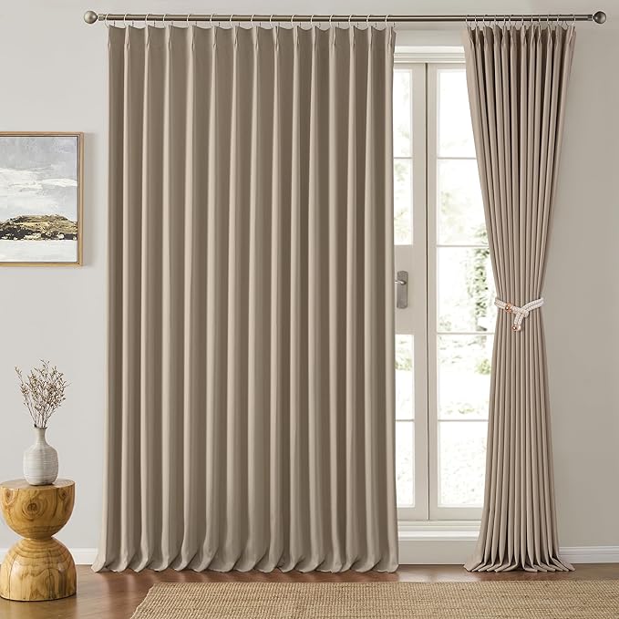 Pinch Pleated Patio Sliding Door Curtains 90 Inch Long, Blackout Room Divider Vertical Blinds Curtain Drapes for Living Room Dining Room French Door(Khaki, 100 Inch Wide per Panel, 2 Panels)