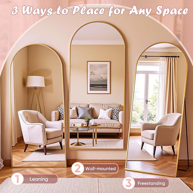 Full Length Mirror, 71" x 32" Arched Full Body Mirror Large Standing Floor Mirrors, Mirrors for Bedroom, Bathroom, Living Room Standing or Wall Leaning, Gold
