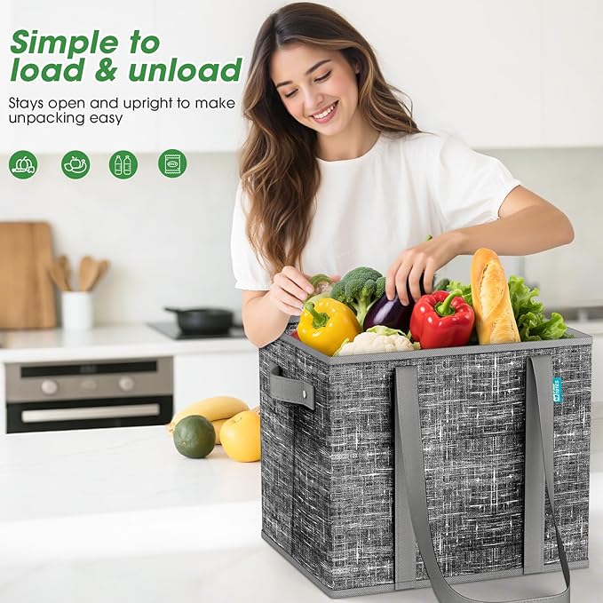Fab totes Reusable Grocery Bags, Large Foldable Shopping Tote Bags with Reinforced Handles & Hard Bottom,Water Resistant Grocery Bags for kitchen,Picnic,2 Pack, Black
