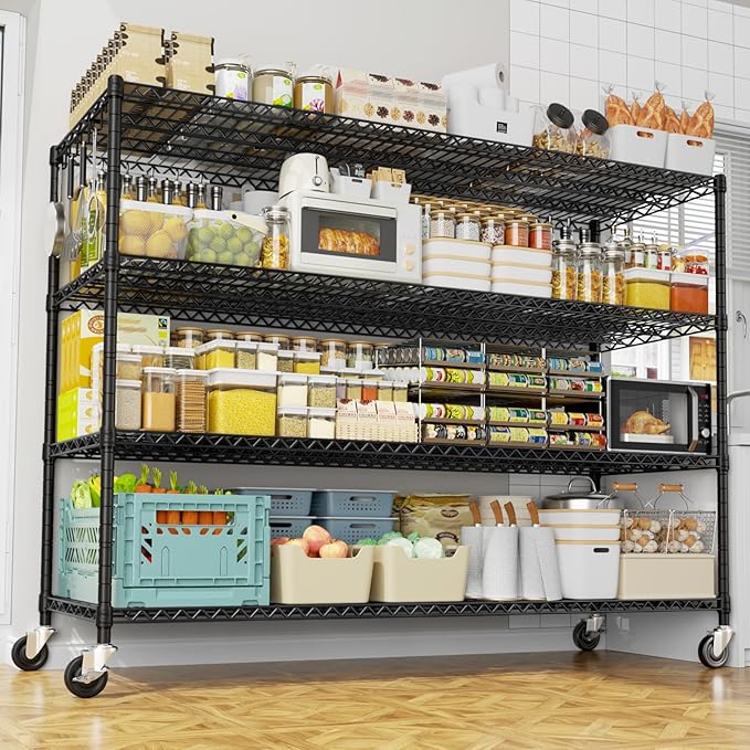 PrimeZone 60" W x 24" D x 76" H Heavy Duty Wire Storage Shelves with Wheels, 4 Tier Adjustable NSF Certified Garage Shelving Unit, Rolling Metal Organizer Shelf Rack for Warehouse, Pantry, 3 Packs