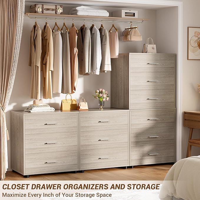 Aheaplus Closet Drawers Set of 2, Wood Closet Organizers and Storage with 3 Drawers, Closet Drawers Organizer System, Nightstands Bedside End Table with 3 Drawers Storage for Bedroom, White Oak