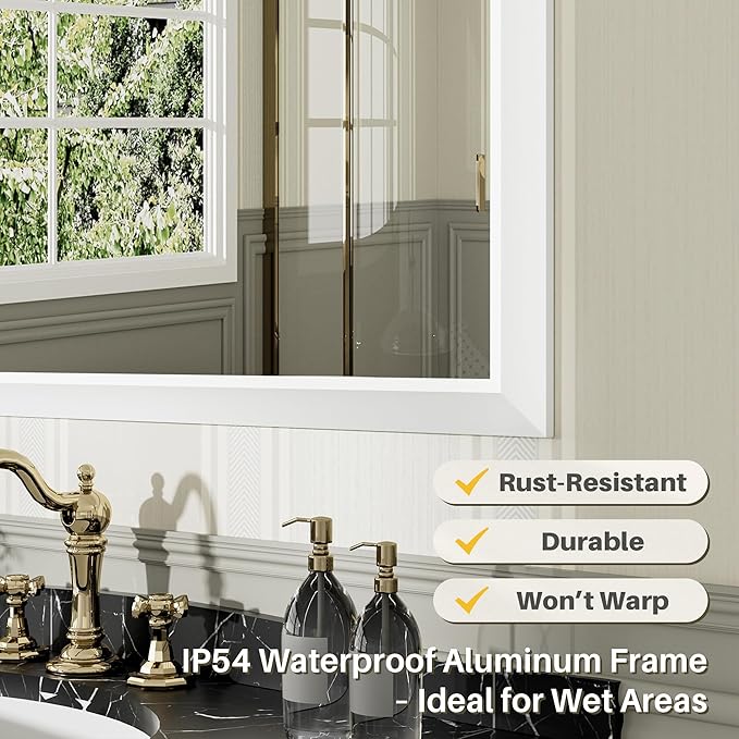 40x36 Inch White Bathroom Mirror for Wall, Thick Metal Framed Rectangle Mirrors for Over Sink, Bedroom, Living Room, Entryway, Anti-Rust, HD Tempered Glass