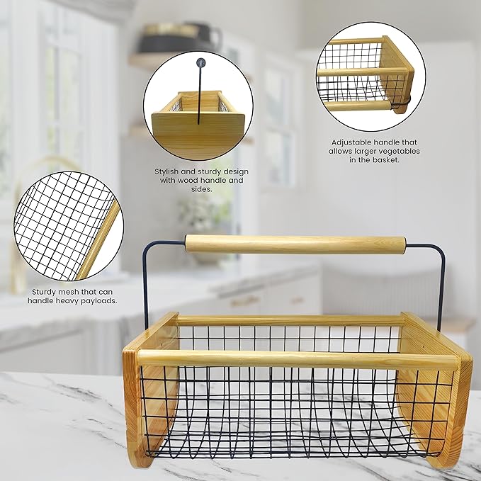 Personalzied Harvest Garden Basket, Handmade Solid Wood Construction with Rotatable Handle, Wire Mesh Design, 16x9x7 Inches, Multi-Purpose Vegetable and Fruit Harvesting Hod Custom Name