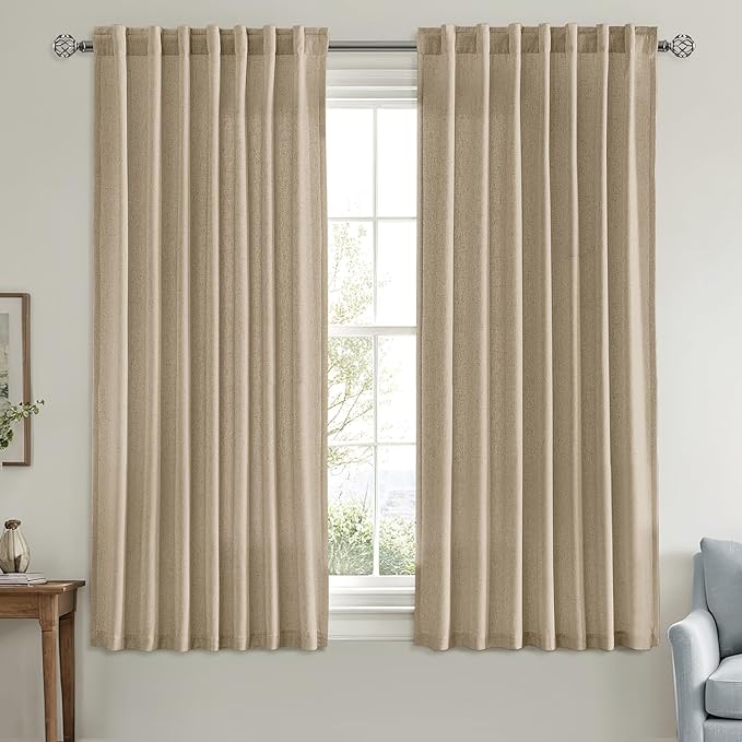 MIULEE Non-See-Through Privacy Linen Curtains 2 Panels, Light Filtering Window Curtains Farn House Textured Back Tab Semi Sheer Drapes for Bedroom Living Room, 52 x 63 Inches Long, Copper Brown