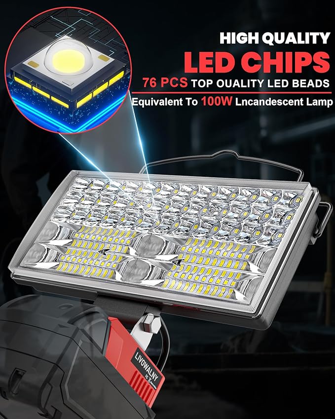 LIVOWALNY LED Work Lights Compatible with Milwaukee 18V Battery, 100W 10000LM 7" Flood Light Portable with USB & Type-C Charging Port & Low Voltage Protection 140° Pivoting Head, Battery Not Included