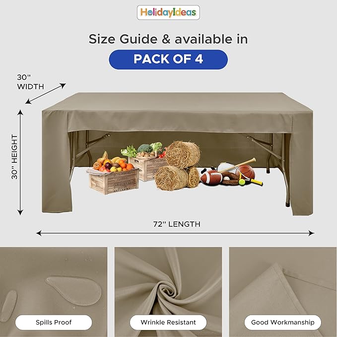 HolidayIdeas Open Back Fitted Tableclothss for 6 Foot Rectangle Table, Wrinkle Resistant Washable Table Covers 72x30 Inch for Craft Fairs, Banquets, Trade Show Display, Taupe,4 Pcs