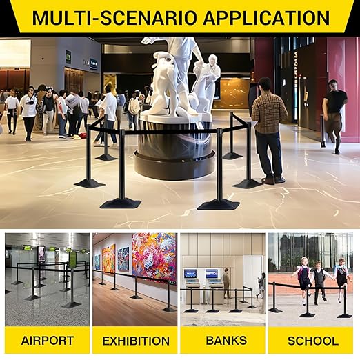 10 ft Crowd Control Stanchion Set, Crowd Control Barrier, Stanchions with Retractable Belts & Base, Retractable Stanchions, Queue Management Stanchion (4 Pack) (Black)