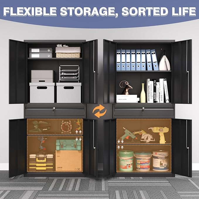 Metal Storage Cabinet with with Drawer, Garage Storage Cabinet with Locking Doors and Adjustable Shelves for Garage, Home Office,Warehouse (Black)