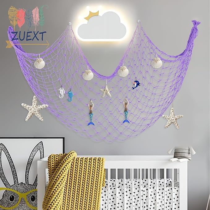ZUEXT Purple Fishing Net Decorative 80x40 Inch, 2 Pack Large Picture Fish Net, Wall Photo Hanging Fishnet for Nautical Mermaid Pirate Ocean Themed Hawaii Beach Under The Sea Party Decoration