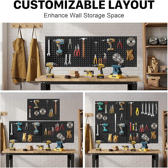 Peg Board, 4 Pack Metal Pegboard Panels Black Pegboards Wall Organizer with Frame Large Heavy Duty Peg Board with Hooks for Walls Home, Garage Tool Storage, Office, Craft Room, Kitchen 24”×16”