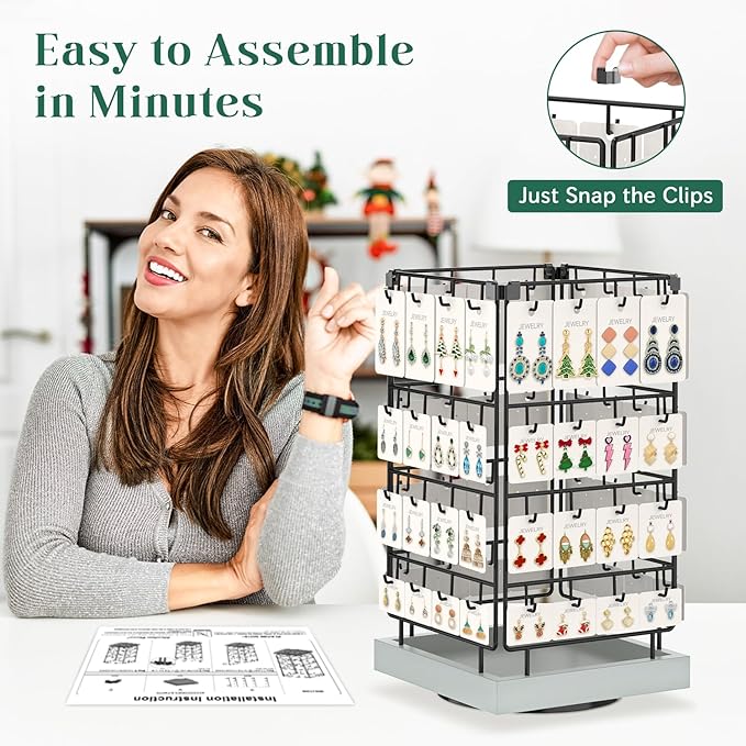 EsLuker.ly Rotating Earring Display Holder Stand for Vendors Events Selling, Large Capacity 64 Hooks Jewelry Rack with Wooden Base for Earring Card Sales, Enhances Retail Visibility (Light Grey)