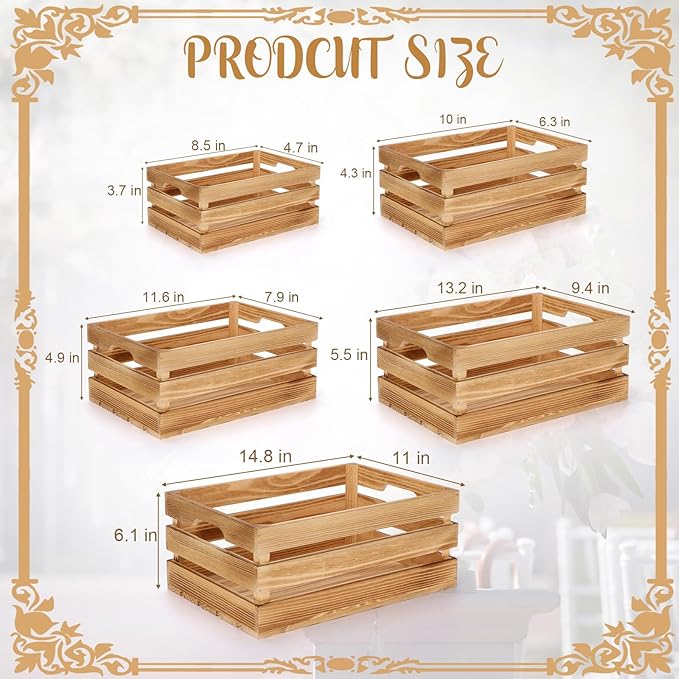 Soaoo 5 Pcs Decorative Nesting Wooden Crates for Storage Display 5 Size Large Small Rustic Wood Decorative Storage Crates with Handle Farmhouse Crate Box Container Made from Pine(Classic Color)