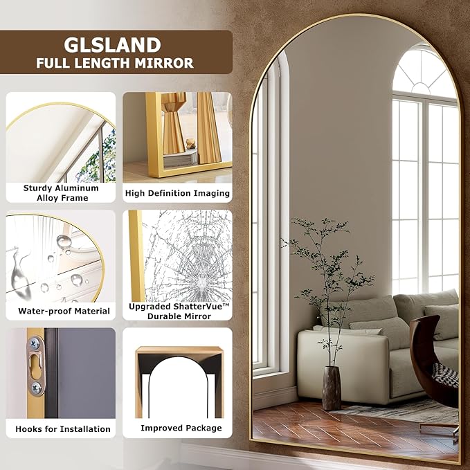 GLSLAND-77 x38 Arched Full Length Mirror - Oversize Floor Mirrors Aluminum Alloy Frame Full Body Dressing Mirror for Bedroom Living Room,Gold