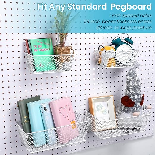 Sieral 4 Pcs Pegboard Baskets Metal Wire Shelf Baskets Peg Board Organizer Accessories Wall Mount Organizer Attachments for Garage Workbench Various Tool Accessories, 2 Sizes (White,Medium, Large)