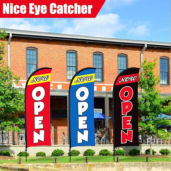 Buryeah 3 Sets Now Open Feather Flag Pole Kit for Business Advertising 7 ft Open Flag Banner Sign with Pole Kit Ground Stake and Portable Bag for Outside Ground (Multicolor)