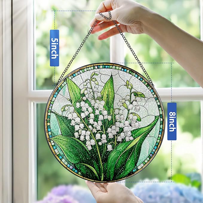 8-Inch Stained Glass Ornament, Stained Glass Window Hanging, Lily of Valley Flower Ornament, Window Hanging Decor Suncatcher | Mother's Day, Christmas, Birthday, Gifts for Mom & Flower Lovers