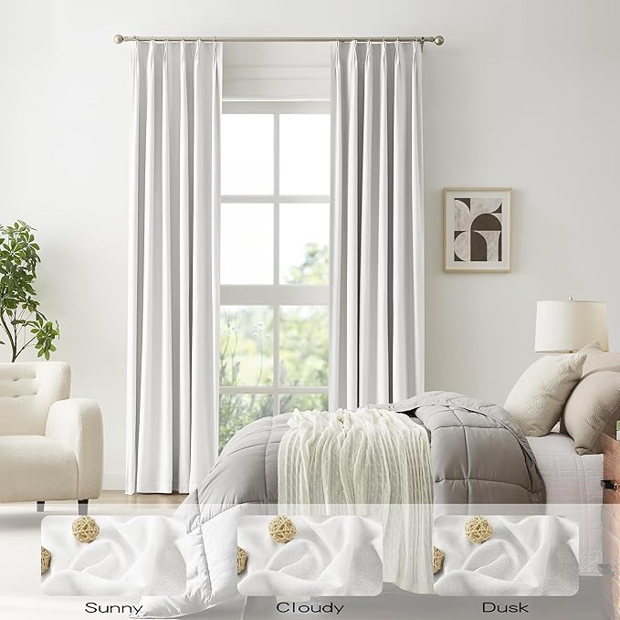 Greyish White Linen Blended Pinch Pleated Blackout Curtains & Drapes 95 Inch Long 2 Panel Sets, Accordion Style Track Room Darkening Thermal Insulated Curtains with Hooks Back Tab 50 by 95 Inch