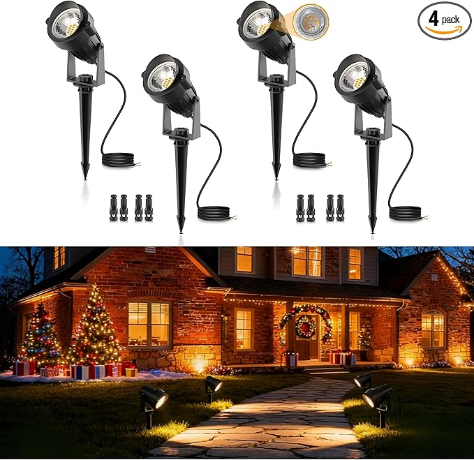 L LOHAS LED 5W Low Voltage Landscape Lighting, Christmas Outdoor Spot Lights with Connectors, 12V 24V IP66 Waterproof 3000K Warm White Plug in Spotlights for Yard, Garden, Pathway, House (4 Pack)