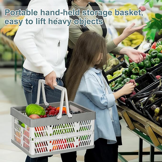 Heavy Duty Plastic Milk Crates for Storage, 2-Pack Stackable Storage Bins for Organizing, Collapsible Shopping Basket with Handle for Groceries, Suitable for Home Office School Store, Gray
