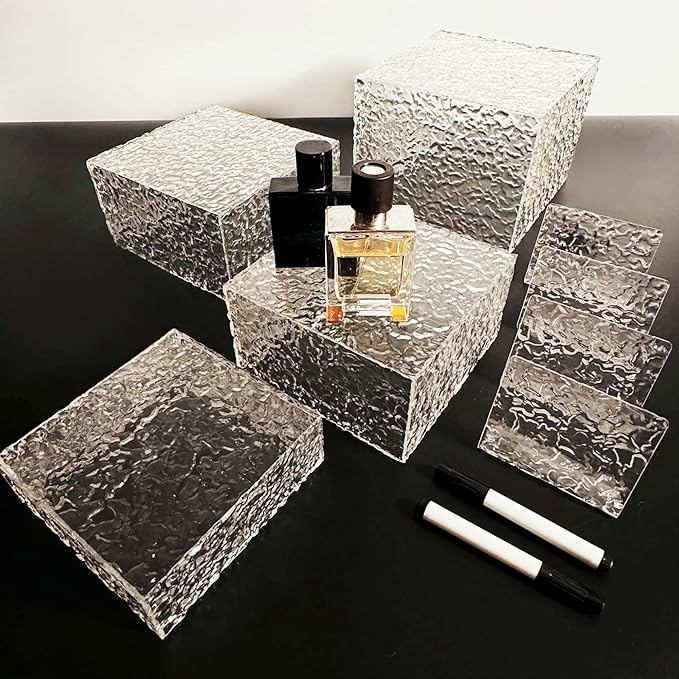 4PCS Buffet Risers Display Stands with 4PCS Mini Signs,Acrylic Cube Display Risers with Hollow Bottom, 1 Set (6, 6.5, 7, 8)" (Transparent, 1 Set ( 6'',6.5'',7'',8'' ))