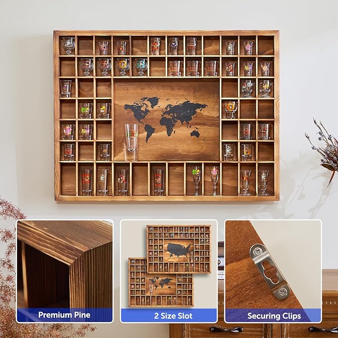 Large World Map Shot Glass Display Case 60 Slots 34 X 26''Rustic Brown Wood Holder for 2 Different Size Shot Glass In Living Rooms Bars Wine Cellars Used for Jewelry Stones & Shell