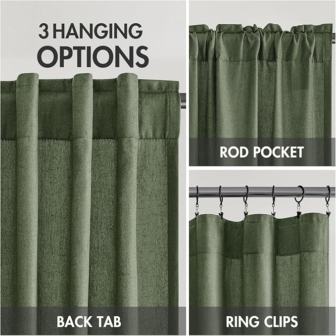 MIULEE Non-See-Through Privacy Linen Curtains 2 Panels, Olive Green Light Filtering Window Curtains Farmhouse Textured Back Tab Semi Sheer Drapes for Bedroom Living Room 96 Inches Long Dark Green