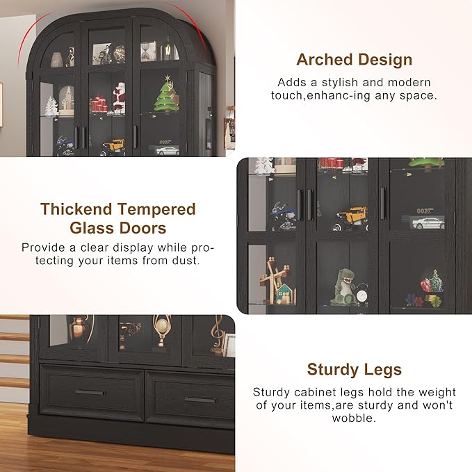 Arched Display Cabinet with 3 Glass Doors,5-Tier Curio Cabinet W/3 Color Lights for Collectibles,78'' Tall Curio Cabinet W/2 Drawers,Modern Display Case W/Human Body Sensor for Living/Game Room,Black