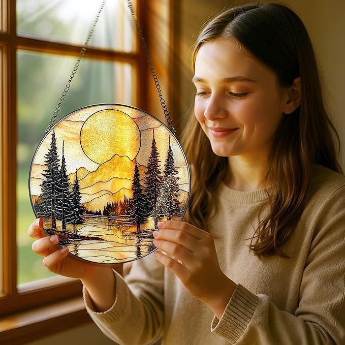 8-Inch Stained Glass Ornament, Stained Glass Window Hanging, Window Hanging Decor Suncatcher, Mountain Sunset Ornament | Holiday, Mother’s Day, Housewarming | Gifts for Nature Lovers, Friend & Family