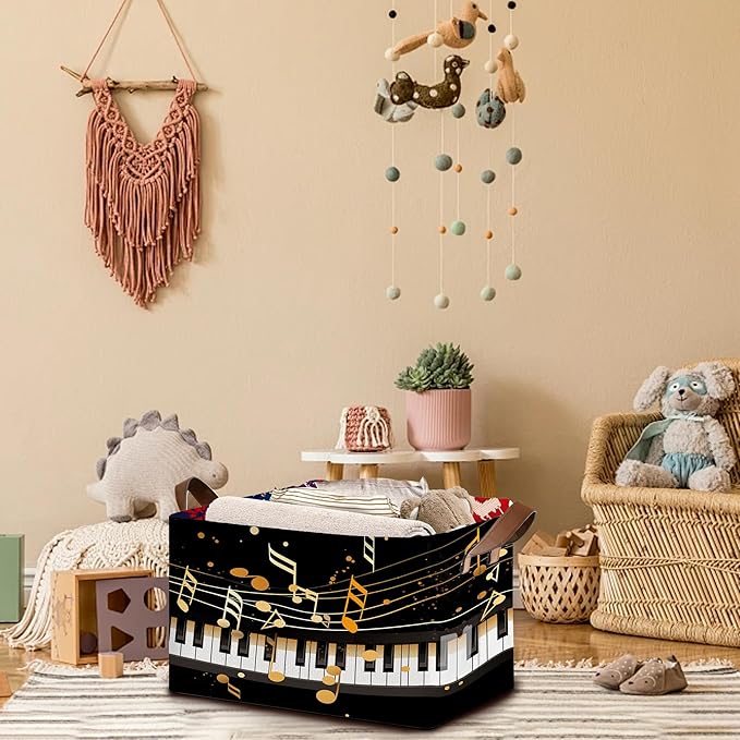 Piano Keyboard Pattern Storage Basket Large 17x11.5x10.5 Inche-Collapsible Fabric Organizer Bin with Handles for Music Room, Nursery, Toys-Foldable Decorative Hamper with Black White Keys-Single Pack