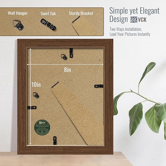 VCK 8x10 Picture Frame 5 Pack - Brown, High-End Wood Poster Frames with Tempered Glass, Display 5x7 Photo with Mat or 8x10 without Mat, Art Gallery-Quality, Wall Hanging/Tabletop, Brown