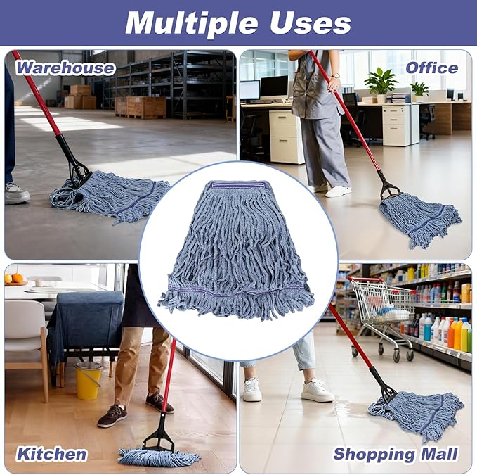Commercial Heavy Duty Mop Heads Replacements: Wet Industrial Blue Cotton Looped End String Head Refill for General Floor Cleaning (6 Pack)