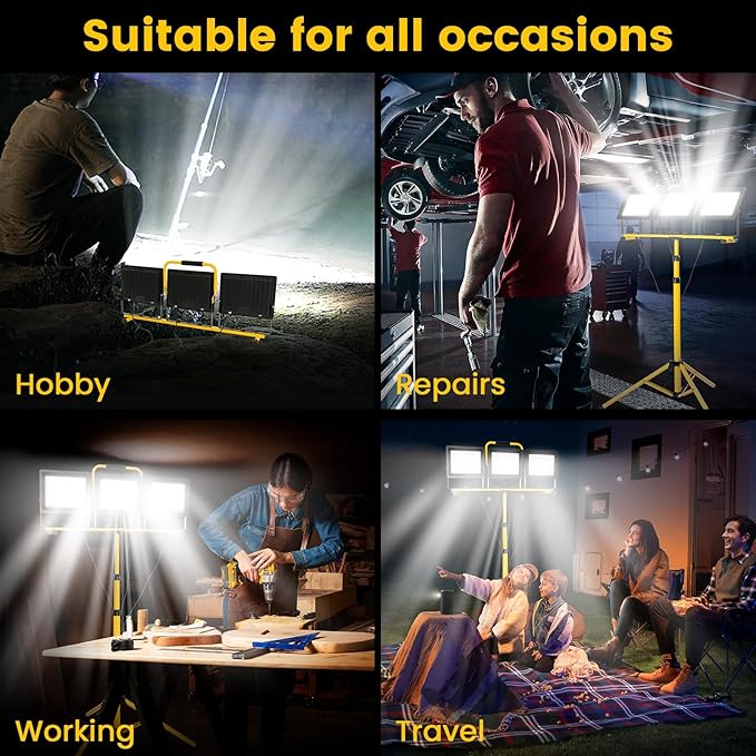 30000 Lumen Super Bright Portable Heavy Duty LED Work Light with Foldable Tripod Stand 16.4FT Cord, Waterproof 3 Head Adjustable 100W Large Job Site Lighting Worklight for Construction Workshop Garage