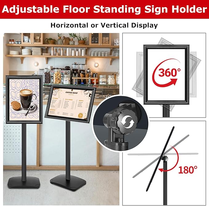 Heavy Duty Sign Holder Stand 11x17 Inch - Pedestal Floor Standing Sign Holder with Weighted Base - Vertical & Horizontal Poster/Menu Stand for Indoor/Outdoor Business Store Advertising, Black