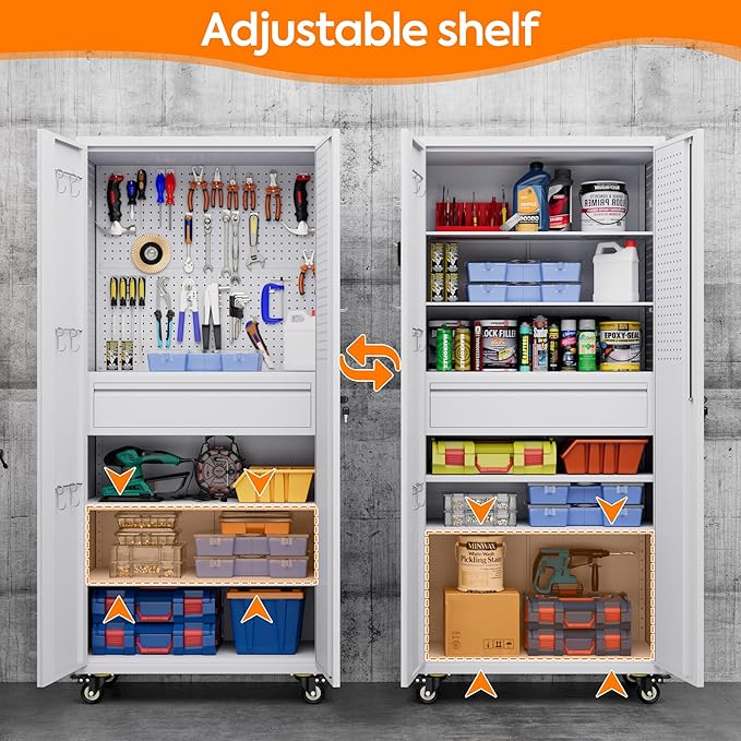 Metal Storage Cabinet with Drawers, Locking Garage Tool Cabinets on Wheels with Pegboards and Hooks for Warehouse Homes, Offices, Assembly Required