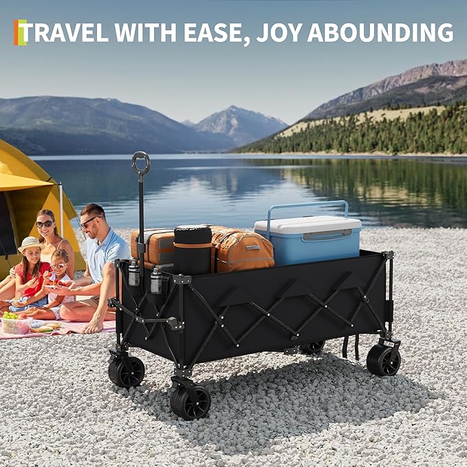 52" Foldable Wagon for Beach with 460lbs Weight Capacity, Heavy Duty 350L Extra Large Collapsible Foldable Wagon for Camping, All Terrain Beach Wagons Extended with Cup Holders for Sand