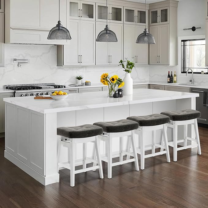 Counter Height Bar Stools Set of 3 for Kitchen Counter Farmhouse Modern Barstools with Faux Leather Upholstered Backless Seat and Solid Wood Legs 24 inch Bar Chairs, Grey + White
