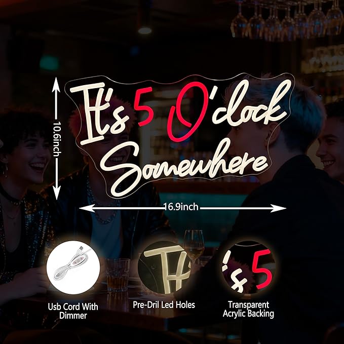It's 5 O'Clock Somewhere Neon Bar Sign, Dimmable USB LED Neon Light for Home Bar Decor, Man Cave, Pub Party -Gift for Husband, Father, Birthday & Christmas