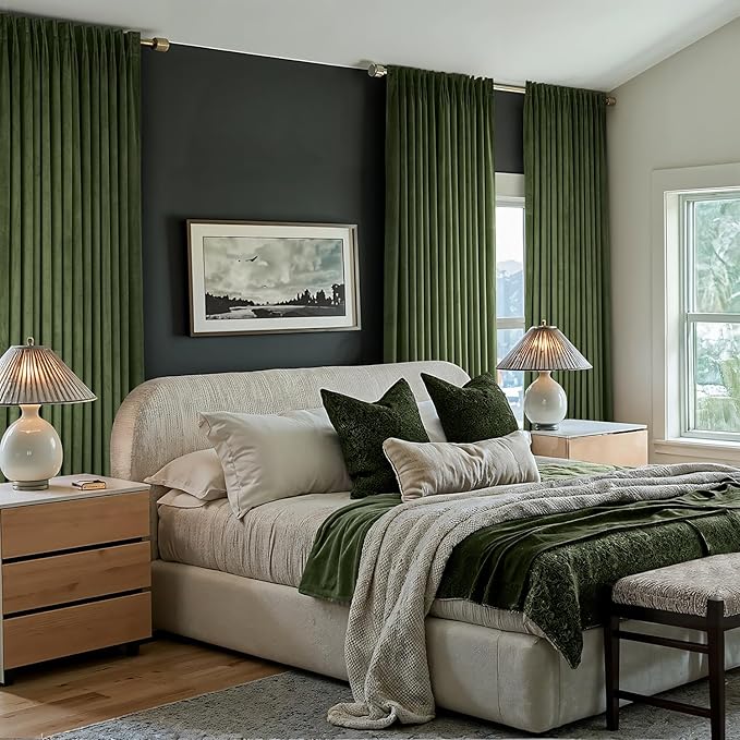 MIULEE Olive Green Velvet Curtains 108 inches Long, Pinch Pleated Blackout Drapes with Hooks, Thermal Insulated Pinch Pleat Panels for Bedroom Living Room, 2 Panels