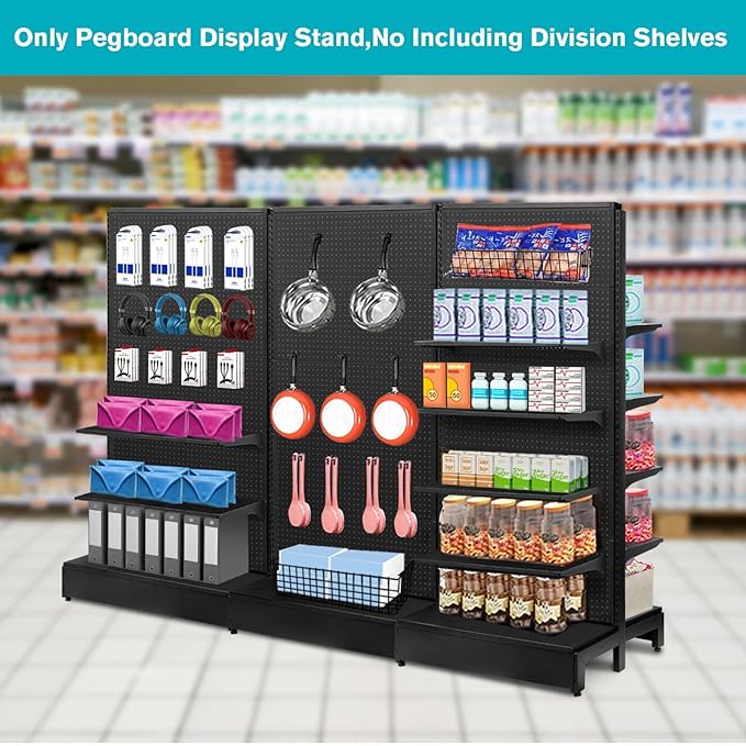 Pegboard Display Stand, Gondola Shelf Display for Convenient Grocery Office Supply or Liquor Stores, Standing Pegboard Display Two Sides Peg Board Panels, 20 Hooks, No Including 8 Shelves